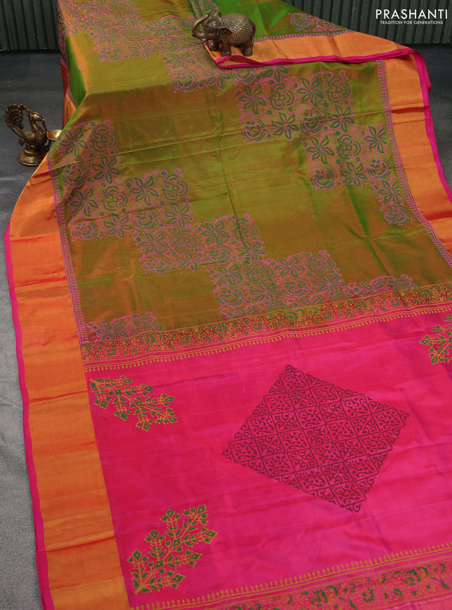 Uppada block printed silk saree dual shade of green and pink with prints and zari woven border