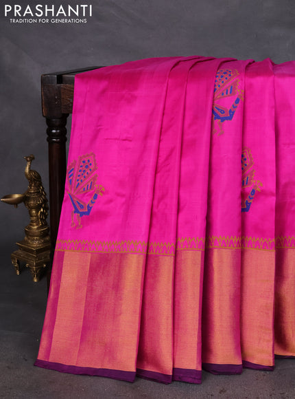 Uppada block printed silk saree pink and blue with peacock butta prints and long zari woven border