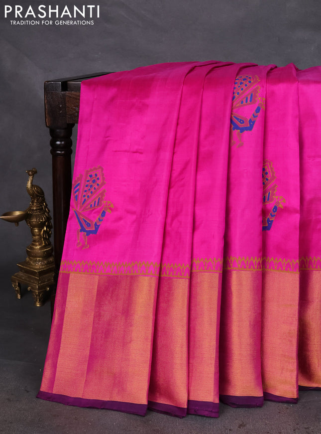 Uppada block printed silk saree pink and blue with peacock butta prints and long zari woven border