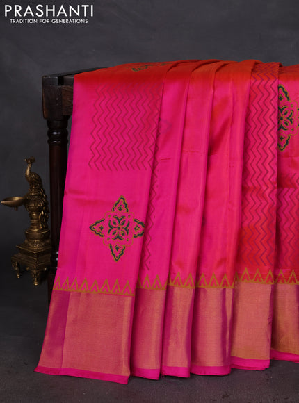 Uppada block printed silk saree dual shade of pinkish orange and pink with zig zag prints and zari woven border