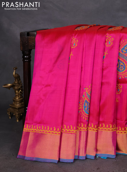 Uppada block printed silk saree dual shade of pink and teal blue with paisley butta prints and zari woven border