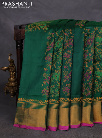 Uppada block printed silk saree green and pink with floral prints and zari woven border
