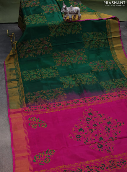 Uppada block printed silk saree green and pink with floral prints and zari woven border