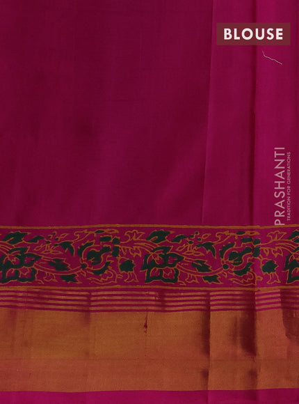 Uppada block printed silk saree green and pink with floral prints and zari woven border