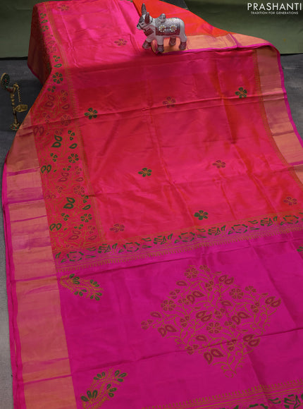 Uppada block printed silk saree dual shade pinkish orange and pink with floral butta prints and zari woven border