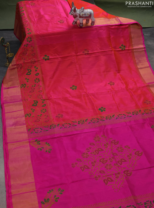 Uppada block printed silk saree dual shade pinkish orange and pink with floral butta prints and zari woven border