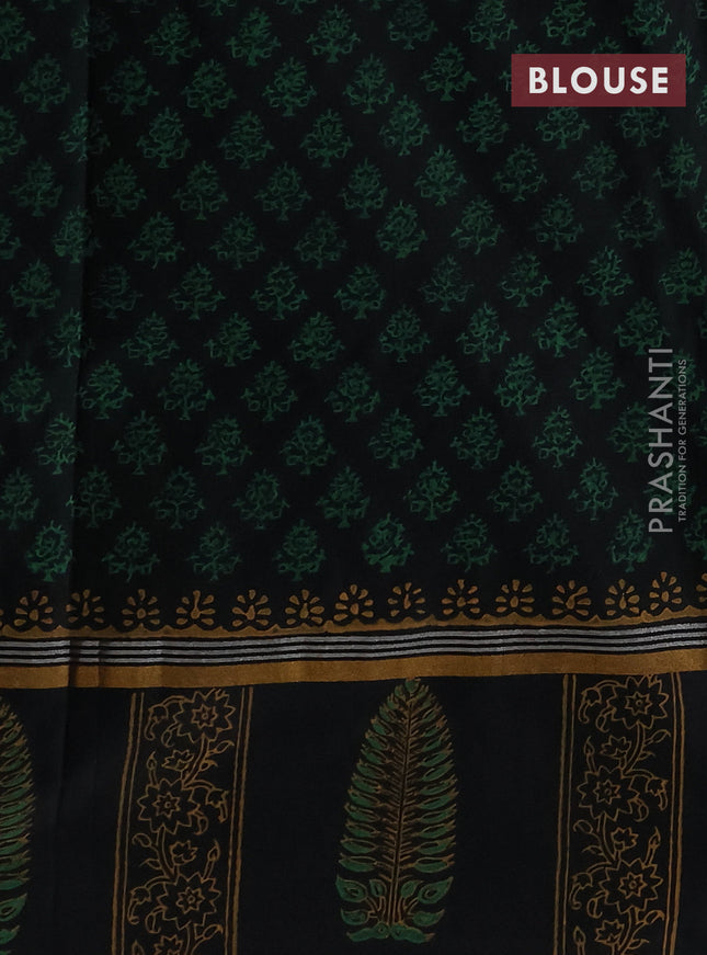 Uppada block printed silk saree green and black with butta prints and zari woven printed border