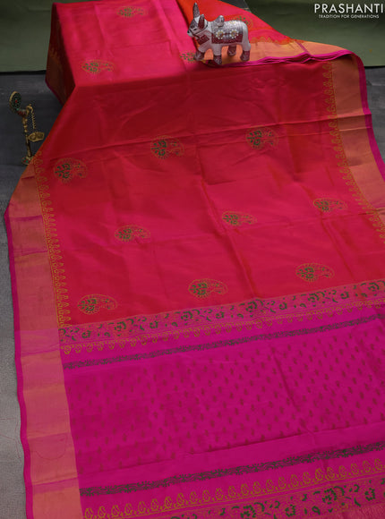 Uppada block printed silk saree dual shade of pinkish orange and pink with butta prints and zari woven border