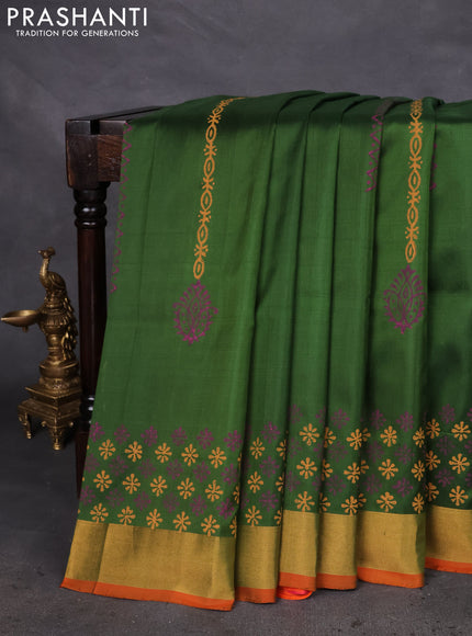 Uppada block printed silk saree sap green and dual shade of pinkish orange with prints and zari woven border