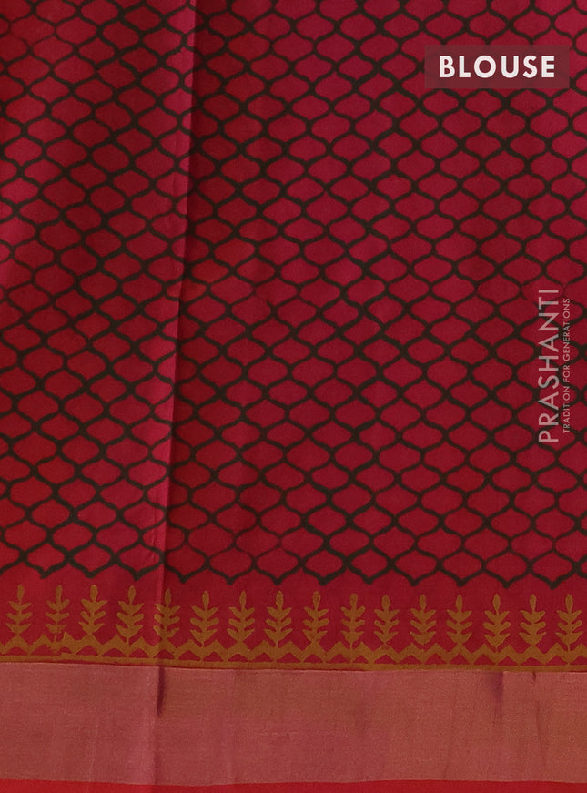 Uppada block printed silk saree sap green and dual shade of pinkish orange with prints and zari woven border