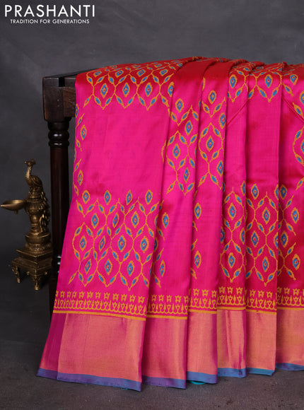 Uppada block printed silk saree pink and teal blue with prints and zari woven border