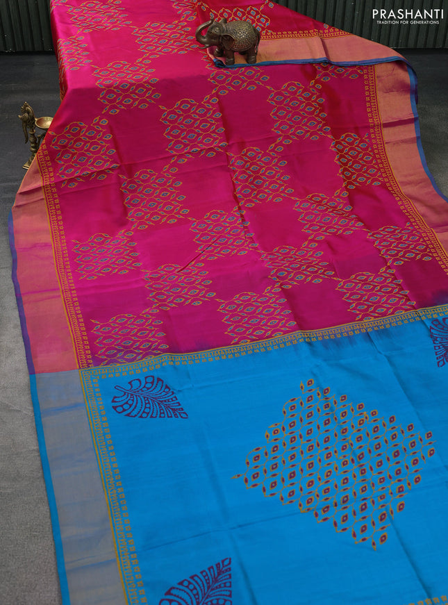 Uppada block printed silk saree pink and teal blue with prints and zari woven border