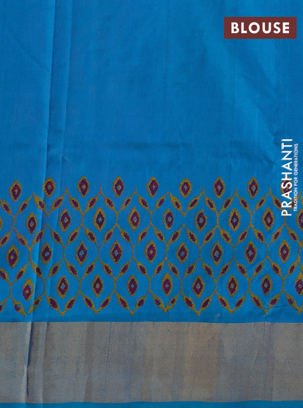 Uppada block printed silk saree pink and teal blue with prints and zari woven border