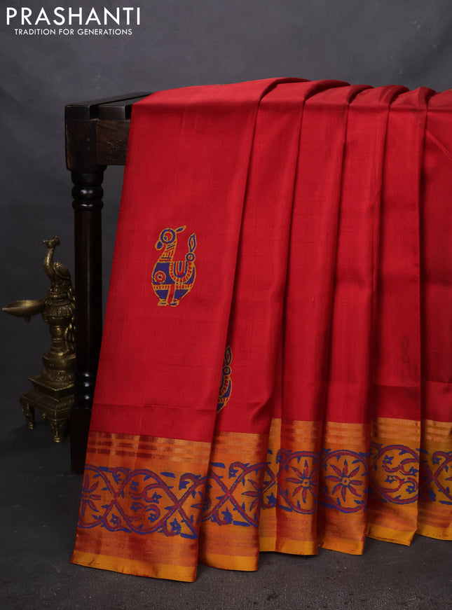 Uppada block printed silk saree red shade and dual shade of yellow with butta prints and zari woven printed border