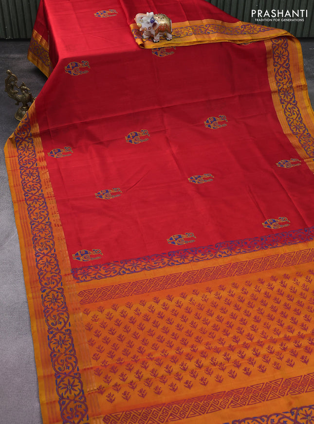 Uppada block printed silk saree red shade and dual shade of yellow with butta prints and zari woven printed border