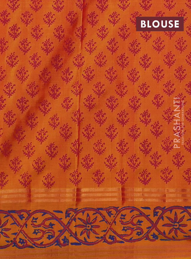 Uppada block printed silk saree red shade and dual shade of yellow with butta prints and zari woven printed border