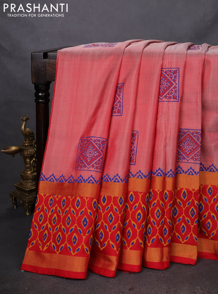 Uppada block printed silk saree red shade and red with butta prints and long zari woven printed border