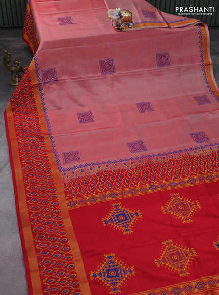 Uppada block printed silk saree red shade and red with butta prints and long zari woven printed border