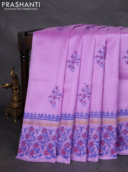 Uppada block printed silk saree lavender with floral butta prints and zari woven printed border