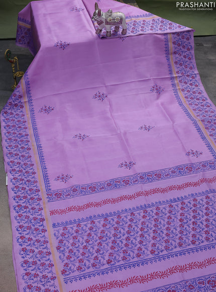 Uppada block printed silk saree lavender with floral butta prints and zari woven printed border