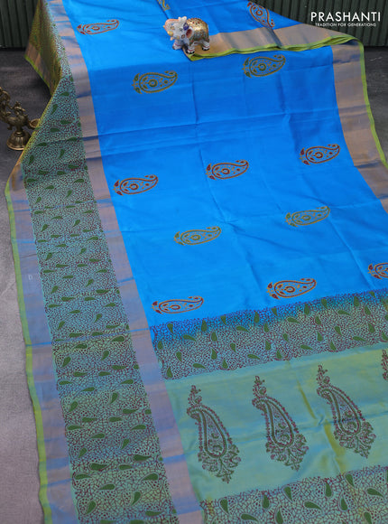 Uppada block printed silk saree cs blue and dual shade of light green with paisley butta prints and long zari woven printed border