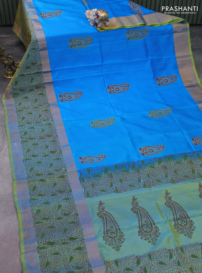 Uppada block printed silk saree cs blue and dual shade of light green with paisley butta prints and long zari woven printed border