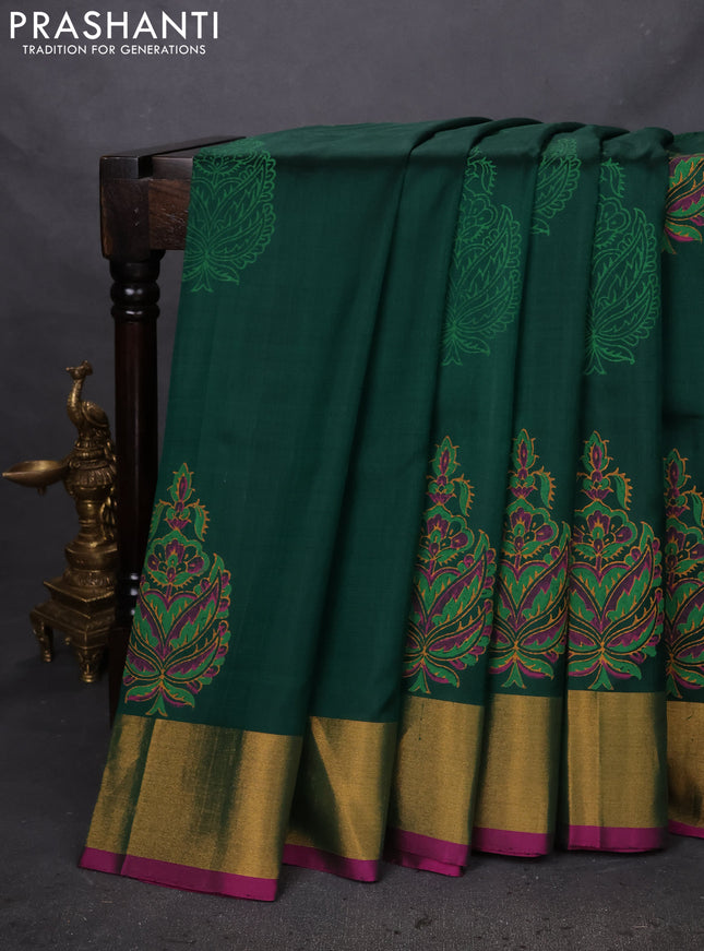 Uppada block printed silk saree dark green and pink with butta prints and zari woven border