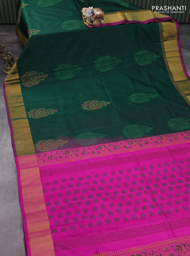 Uppada block printed silk saree dark green and pink with butta prints and zari woven border