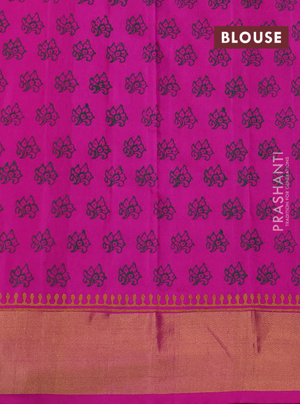 Uppada block printed silk saree dark green and pink with butta prints and zari woven border