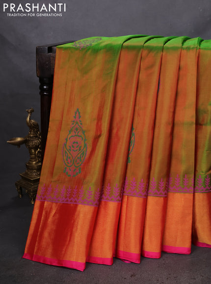 Uppada block printed silk saree manthulir green and pink with butta prints and zari woven border