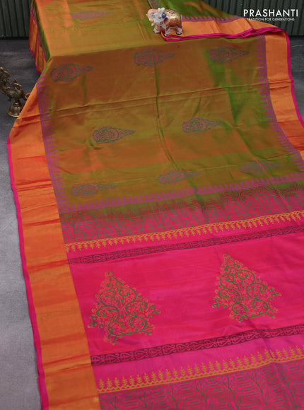 Uppada block printed silk saree manthulir green and pink with butta prints and zari woven border