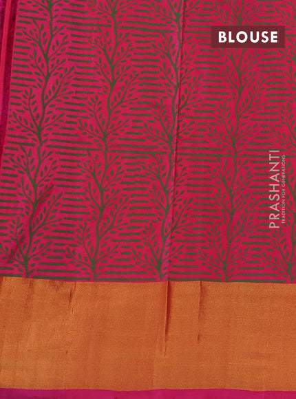 Uppada block printed silk saree manthulir green and pink with butta prints and zari woven border