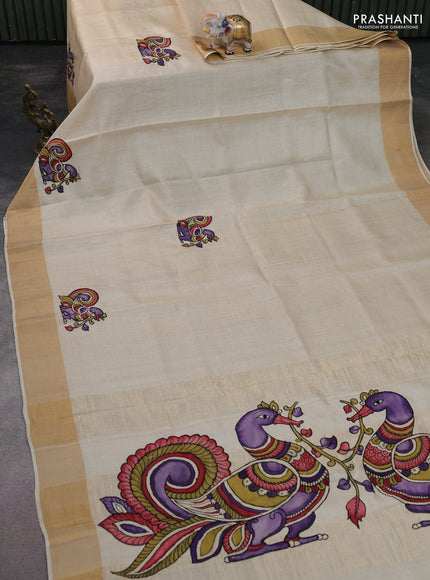 Pure tussar silk saree cream with kalamkari applique work