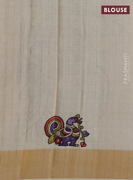 Pure tussar silk saree cream with kalamkari applique work