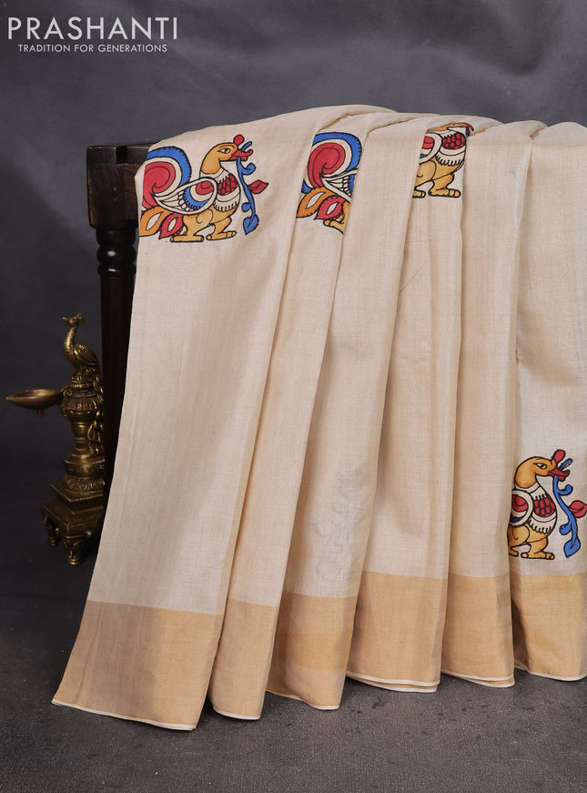 Pure tussar silk saree cream with kalamkari applique work