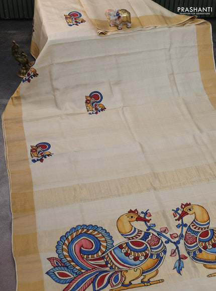 Pure tussar silk saree cream with kalamkari applique work