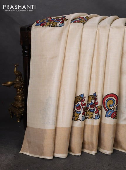 Pure tussar silk saree cream with kalamkari applique work