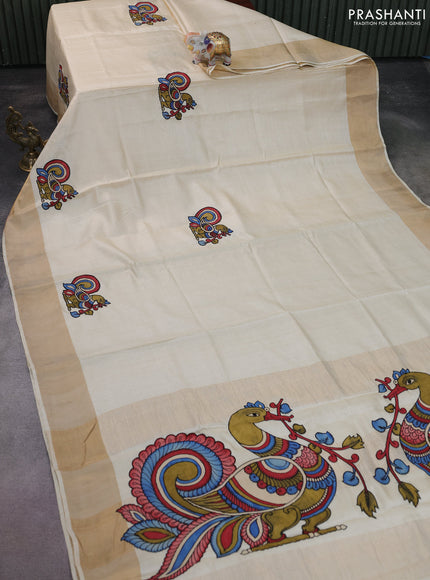 Pure tussar silk saree cream with kalamkari applique work