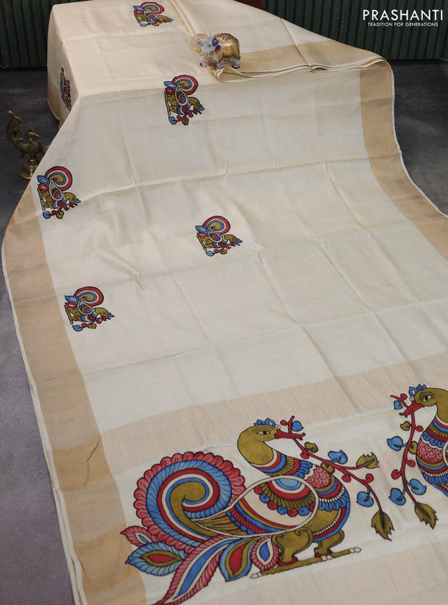 Pure tussar silk saree cream with kalamkari applique work