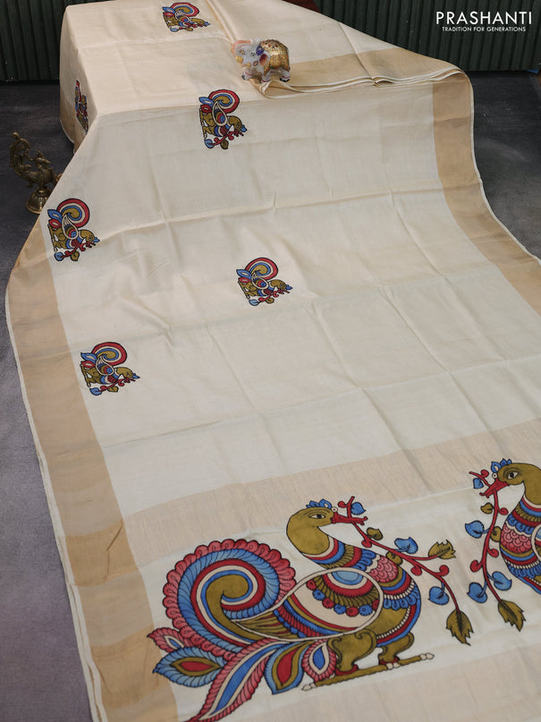 Pure tussar silk saree cream with kalamkari applique work