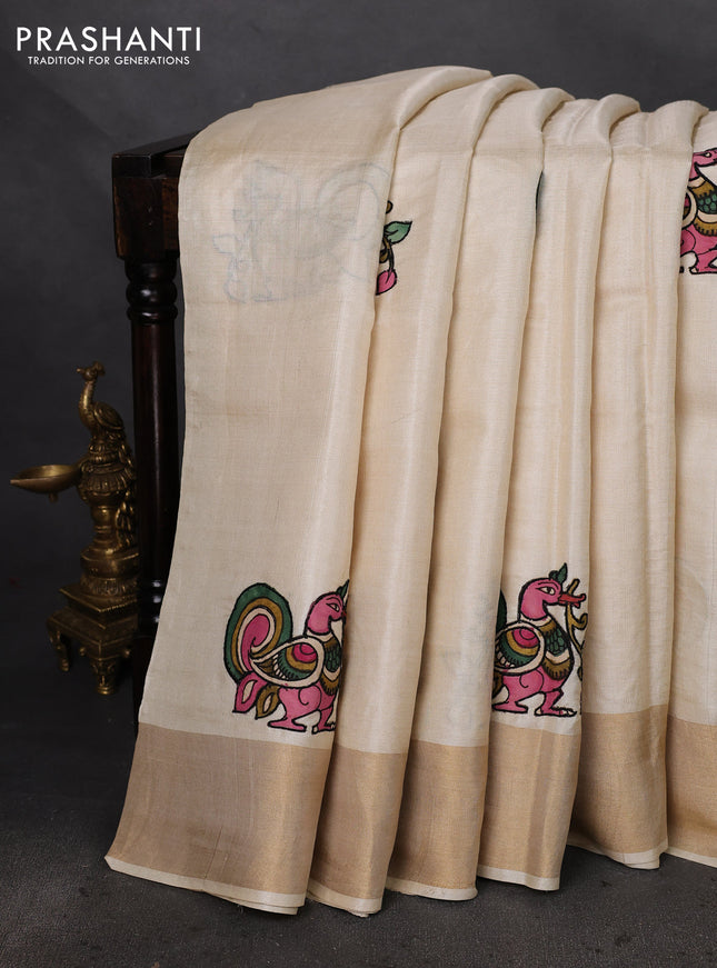 Pure tussar silk saree cream with kalamkari applique work