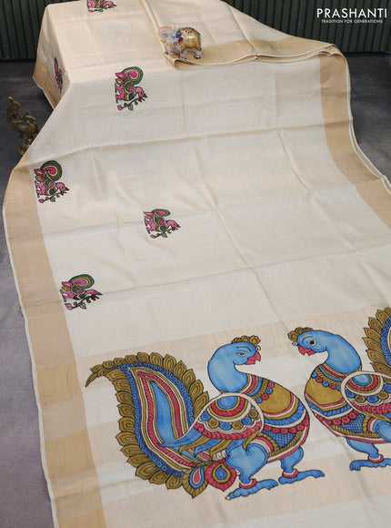 Pure tussar silk saree cream with kalamkari applique work