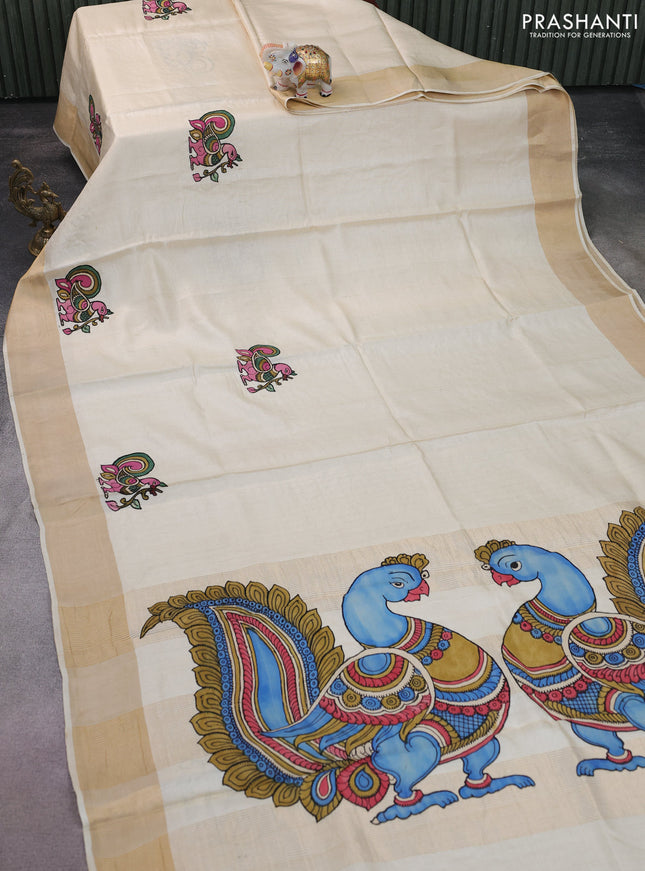 Pure tussar silk saree cream with kalamkari applique work