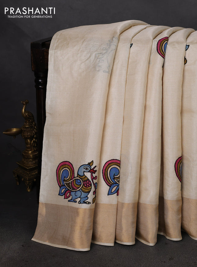 Pure tussar silk saree cream with kalamkari applique work