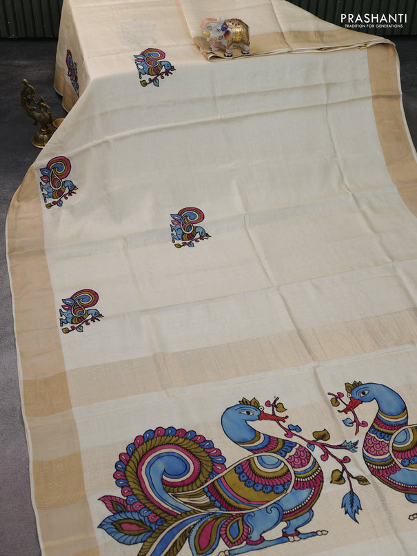 Pure tussar silk saree cream with kalamkari applique work