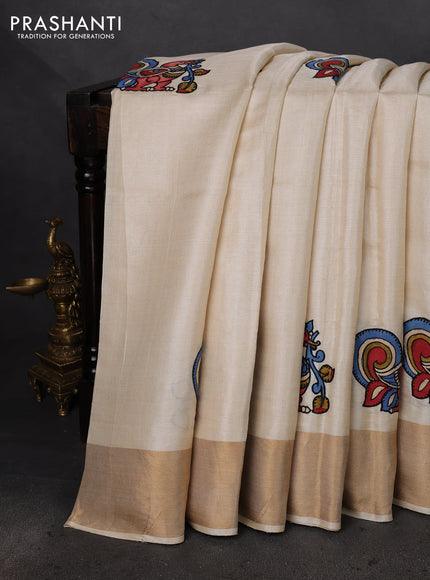 Pure tussar silk saree cream with kalamkari applique work