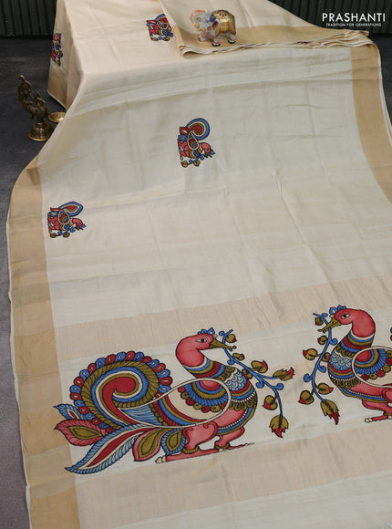 Pure tussar silk saree cream with kalamkari applique work
