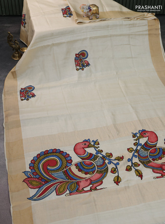 Pure tussar silk saree cream with kalamkari applique work