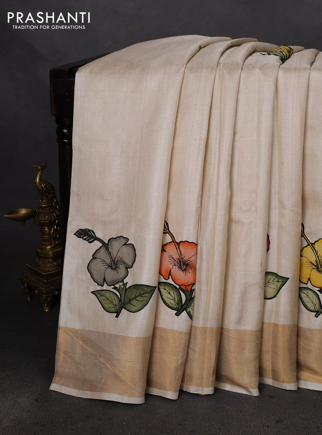 Pure tussar silk saree cream with kalamkari applique work