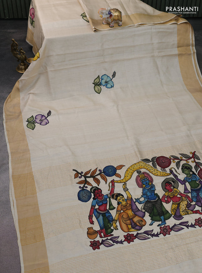 Pure tussar silk saree cream with kalamkari applique work